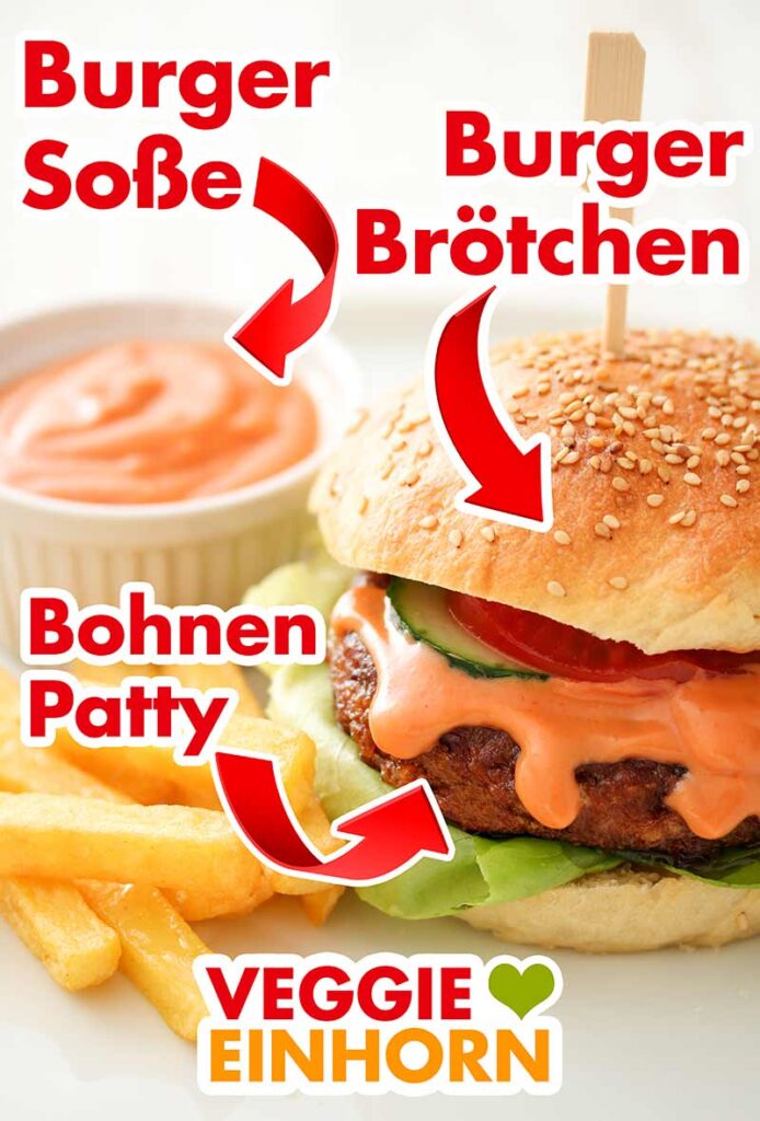Veganer Bohnenburger mit Burger Soße und Hamburger Brötchen Ein Burger Brötchen mit Bohnen Patty, Pommes und Soße