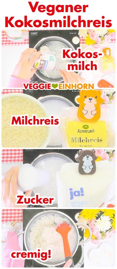 Schritt-für-Schritt-Anleitung zur Zubereitung von veganem Kokosmilchreis. Im ersten Bild wird Kokosmilch in einen Kochtopf gegossen. Im zweiten Bild ist eine Packung Milchreis von Alnatura zu sehen. Im dritten Bild wird Zucker hinzugefügt. Im letzten Bild wird der fertige, cremige Kokosmilchreis mit einem Löffel umgerührt.