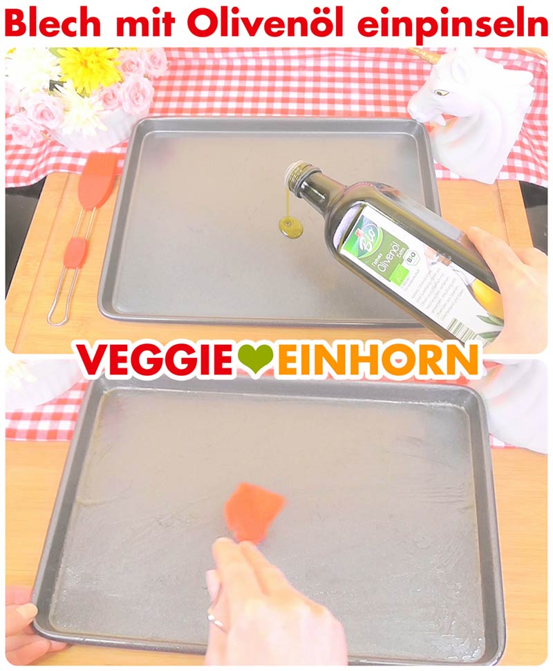 Backblech mit Olivenöl einpinseln