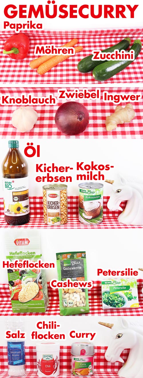 Veganes Gemüsecurry Zutaten Paprika Möhren Zucchini Kokosmilch Kichererbsen