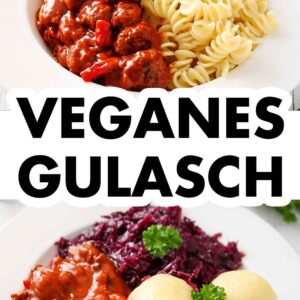 Veganes Gulasch mit Nudeln und mit Knödeln