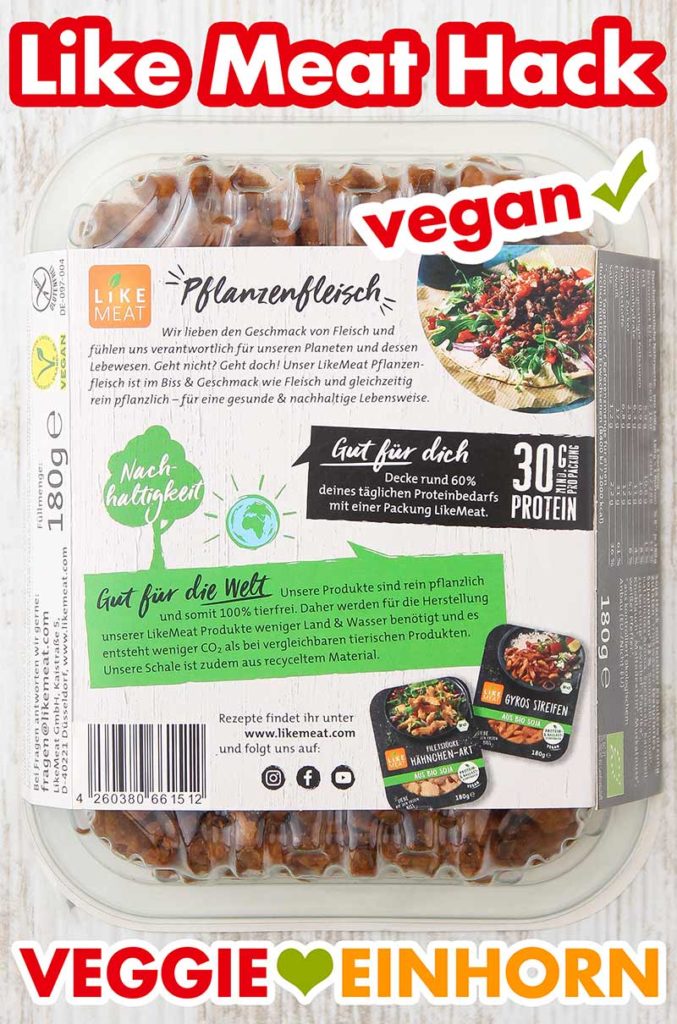 Rückseite der Verpackung von Like Meat Hackfleisch