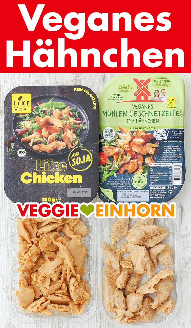 Veganes Hähnchen von Like Meat und Rügenwalder Mühle Packungen mit veganem Hähnchenfleisch