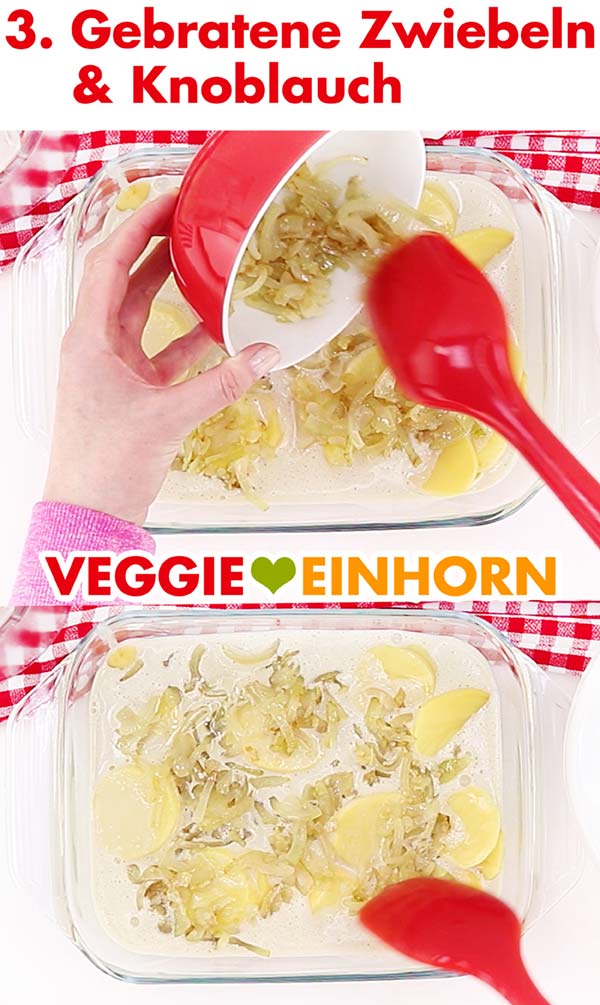 Veganes Kartoffelgratin mit gebratenen Zwiebeln und Knoblauch Veganes Kartoffelgratin mit gebratenen Zwiebeln und Knoblauch