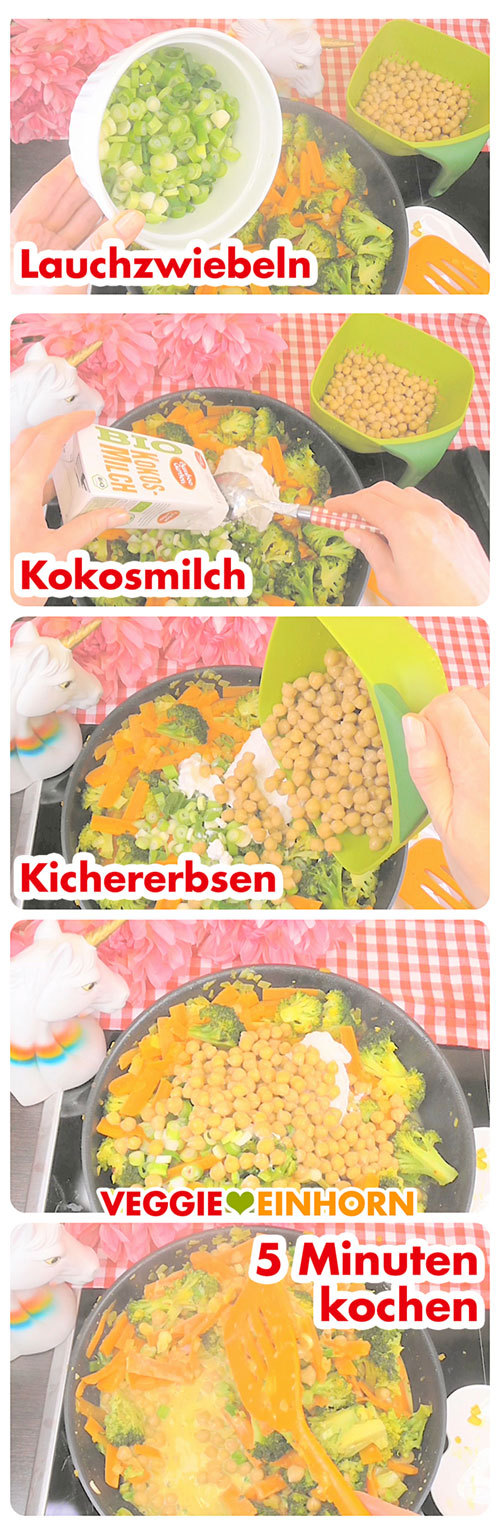 Kokosmilch und Kichererbsen zufügen