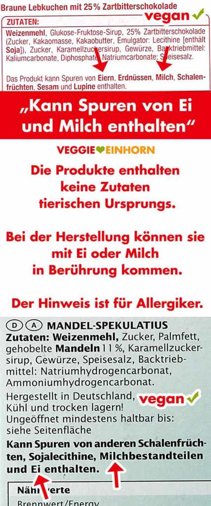 Vegane Produkte mit Spuren von Ei und Milch
