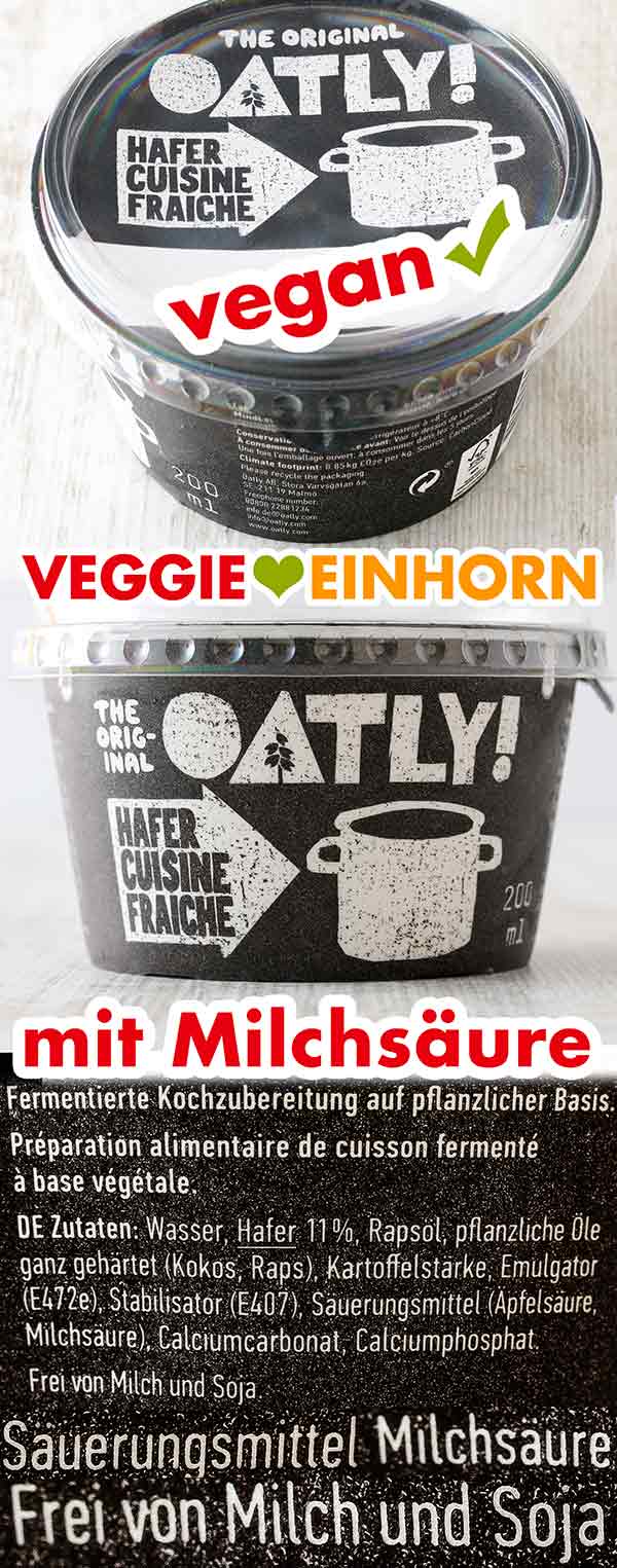 Die vegane Crème fraîche von Oatly enthält vegane Milchsäure. Eine Packung Hafer Cuisine fraiche von Oatly