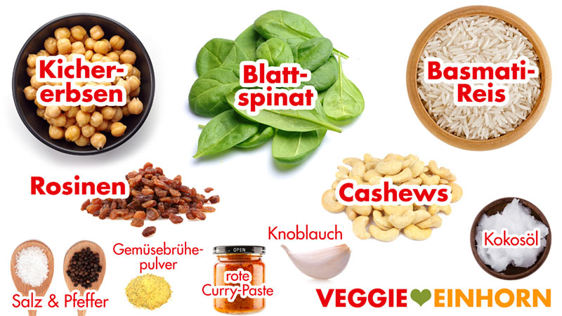 Zutaten für die Reispfanne mit Kichererbsen und Spinat Zutaten für vegane Reispfanne mit Spinat und Kichererbsen