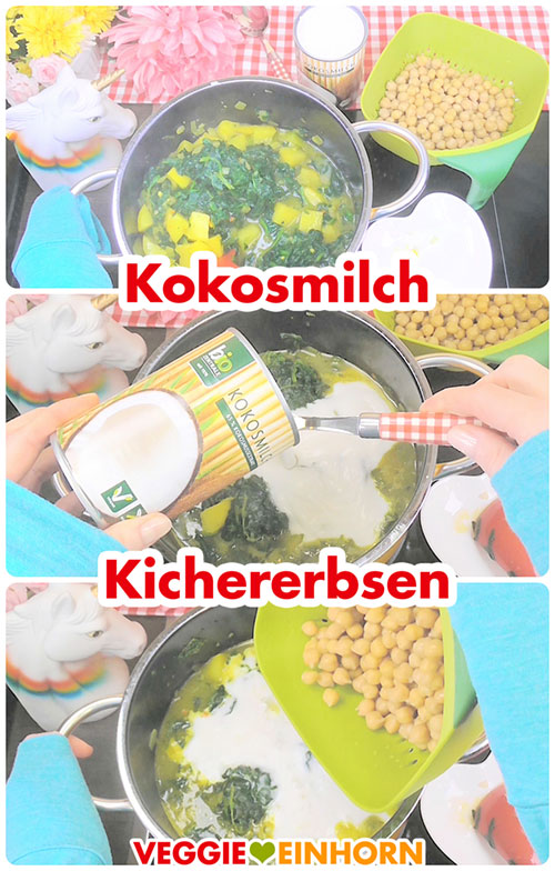 Kokosmilch und Kichererbsen werden in den Topf zugefügt Kokosmilch und Kichererbsen werden in den Topf zugefügt