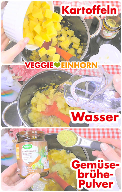 Kartoffelwürfel, Wasser und Gemüsebrühe Pulver Kartoffelwürfel, Wasser und Gemüsebrühe Pulver