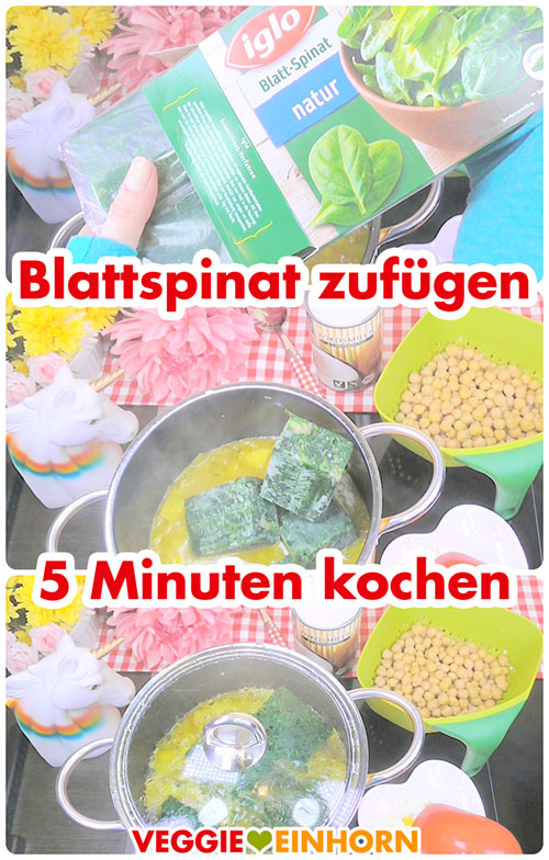 Den Blattspinat 5 Minuten mit kochen. Der Blattspinat wird 5 Minuten mit gekocht.