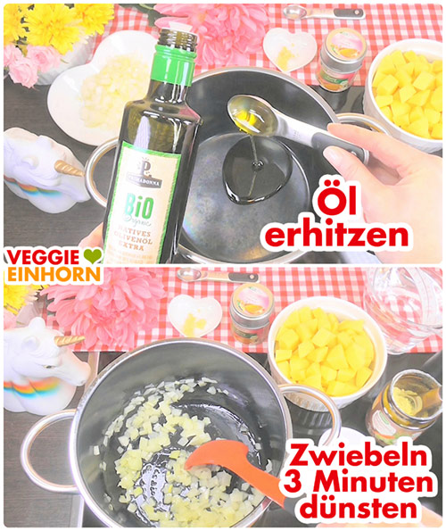 Öl erhitzen und Zwiebeln dünsten Öl erhitzen und Zwiebeln dünsten