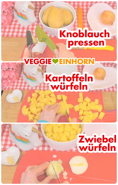 Gemüse vorbereiten Knoblauch pressen, Kartoffeln würfeln, Zwiebel würfeln