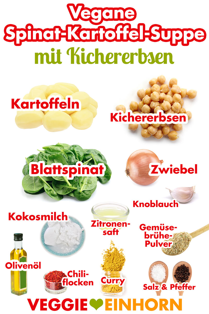 Zutaten für vegane Kartoffel Spinat Suppe Zutaten für Spinatsuppe mit Kichererbsen