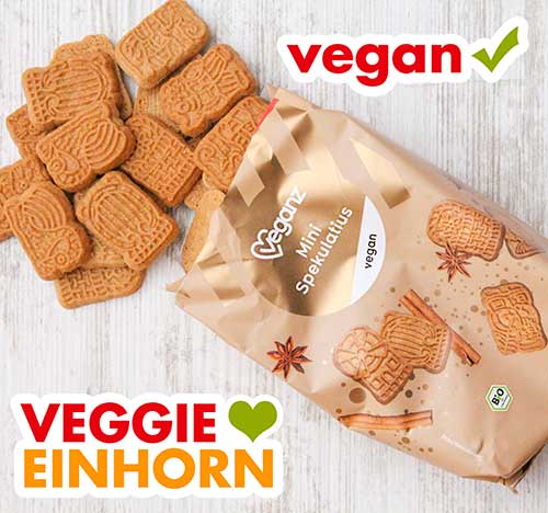 Vegane Mini Spekulatius von Veganz Geöffnete Tüte mit Veganz Mini Spekulatiur