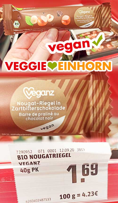 Veganer Nougat-Riegel in Zartbitterschokolade Ein Nougat Riegel von Veganz im Supermarkt