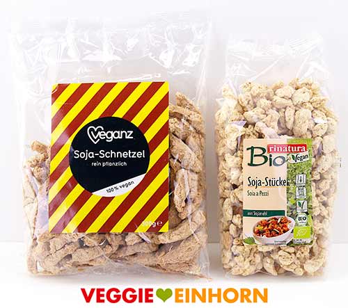 Veganz grobe Sojaschnetzel und Rinatura Bio Soja-Stücke Veganz grobe Sojaschnetzel und Rinatura Bio Soja-Stücke