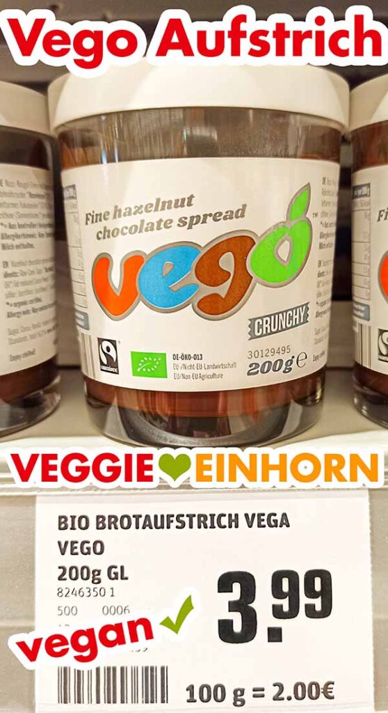 Vego Creme ist vegan und ohne Palmfett. Ein Glas Vego Aufstrich im Supermarkt Regal