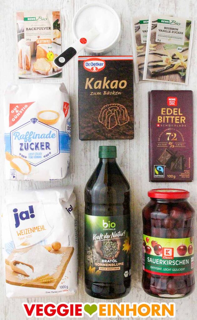 Verwendete Produkte für den Schoko-Kirsch-Kuchen