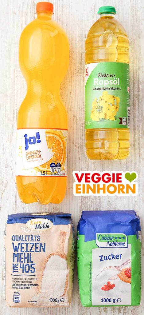 Zutaten für Limokuchen Orangenlimonade, neutrales Rapsöl, Weizenmehl Type 405, Zucker