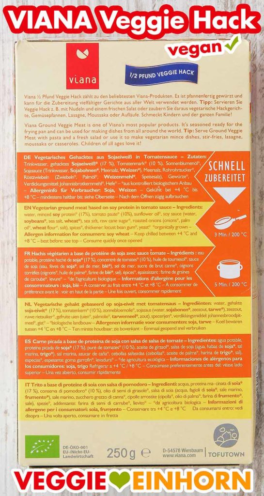 Rückseite der Verpackung von Viana Veggie Hack