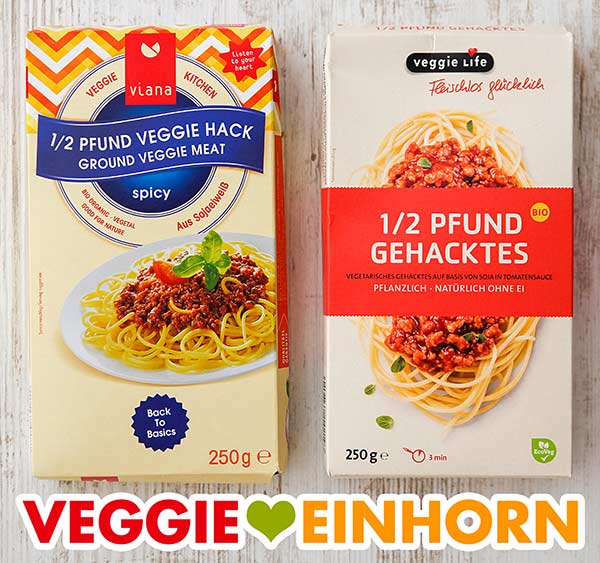 Zwei Packungen veganes Hackfleisch von Viana und von Veggie Life