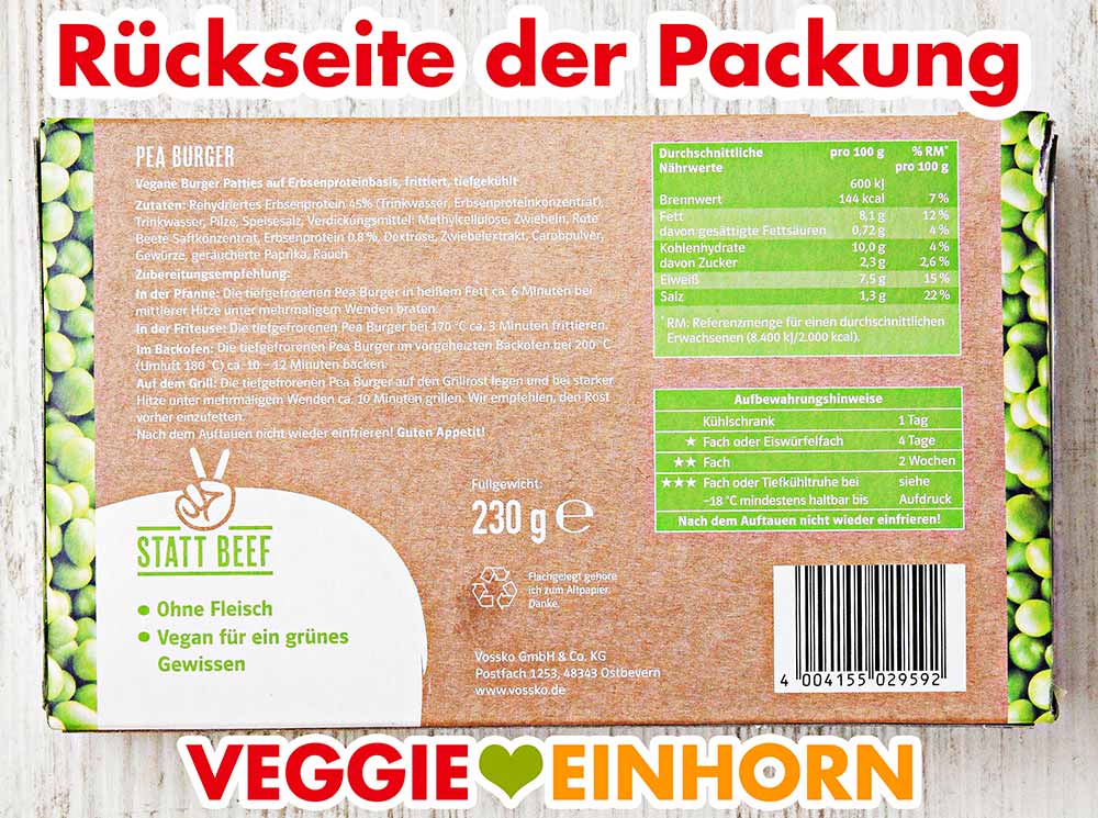 Rückseite der Pea Burger Packung. Rückseite der Verpackung Vossko Pea Burger