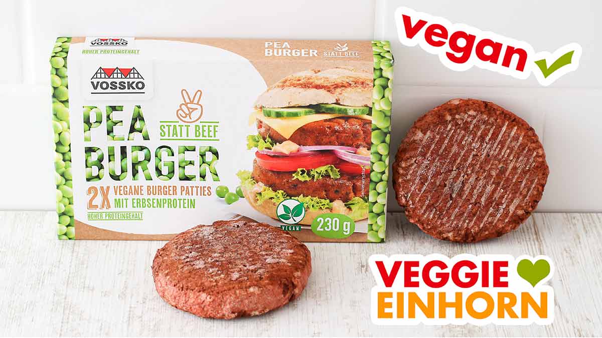 Eine Packung Pea Burger und zwei tiefgekühlte Patties