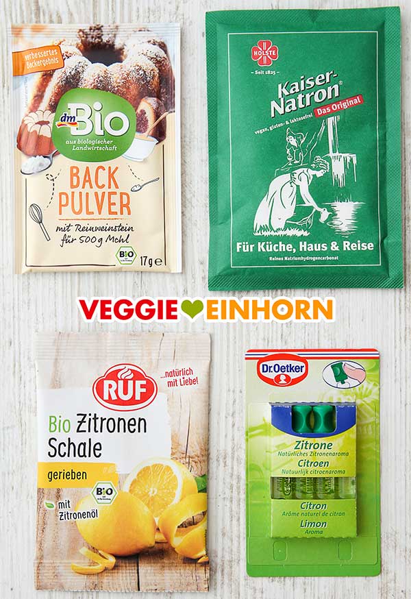 Backpulver, Natron, Zitronenabrieb und Backaroma Zitrone Weinsteinbackpulver, Kaiser Natron, abgeriebene Zitronenschale und Zitronenaroma
