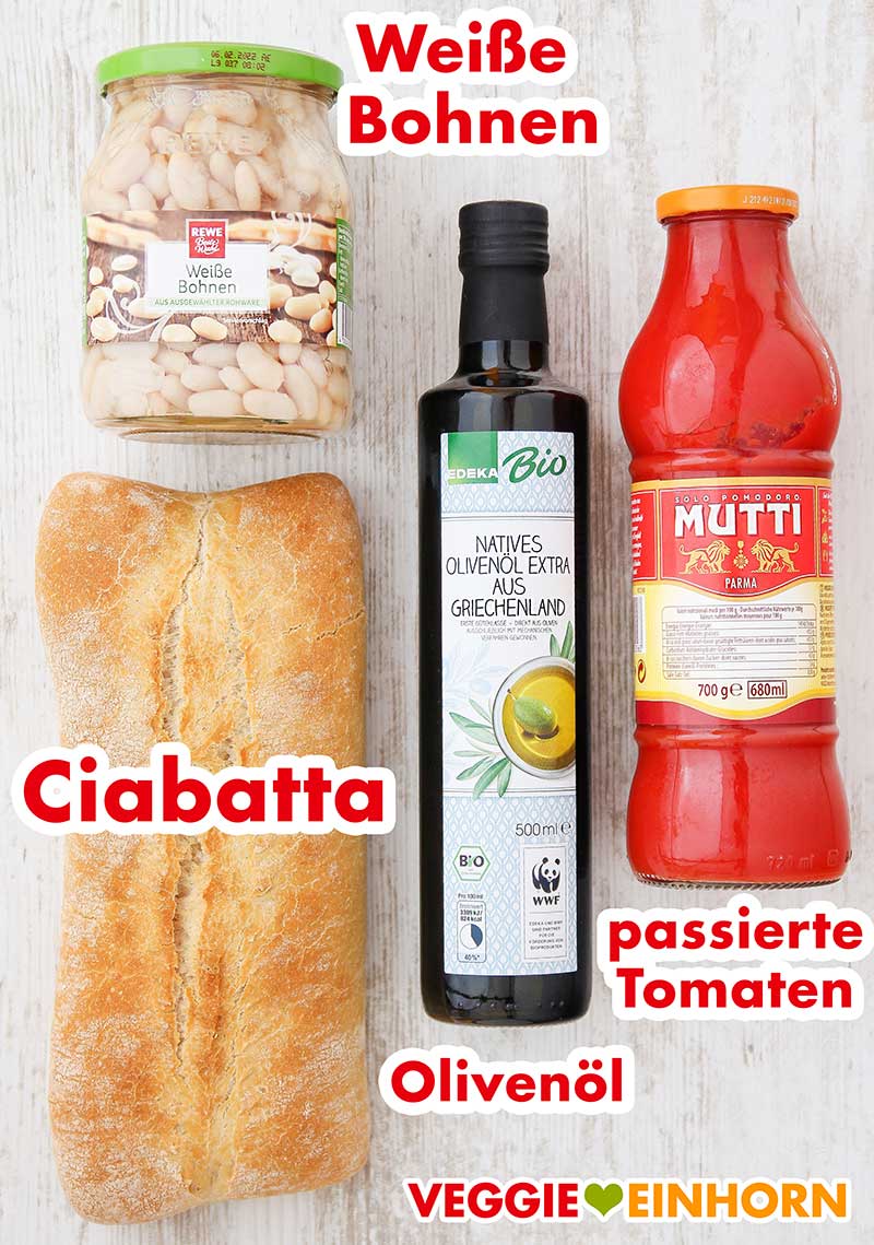 Weiße Bohnen im Glas, Ciabatta Brot, Olivenöl, passierte Tomaten