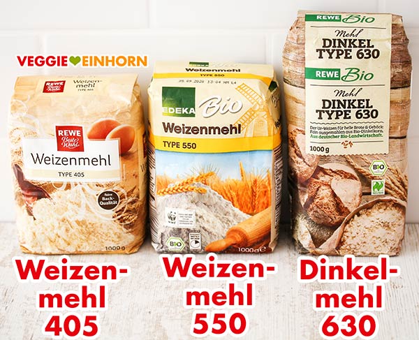 Weizenmehl Type 405, Weizenmehl Type 550 und Dinkelmehl Type 630