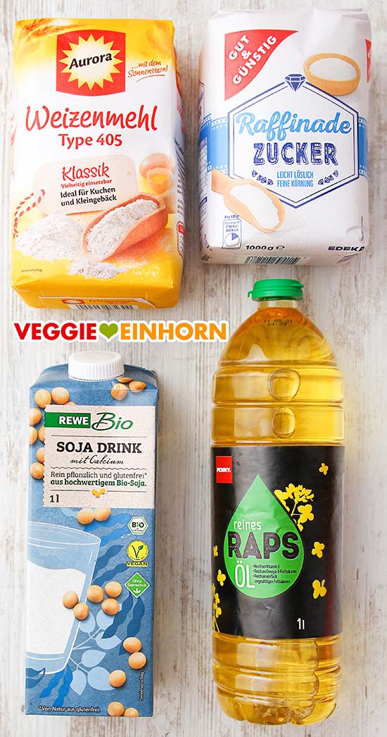 Mehl, Zucker, Sojamilch, raffiniertes Rapsöl Mehl, Zucker, Sojamilch, neutrales Öl
