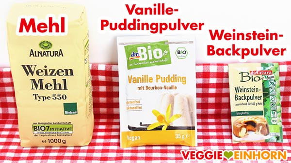 Vegan backen: Zutaten für Amerikaner Mehl, veganes Vanille-Puddingpulver, Weinstein Backpulver