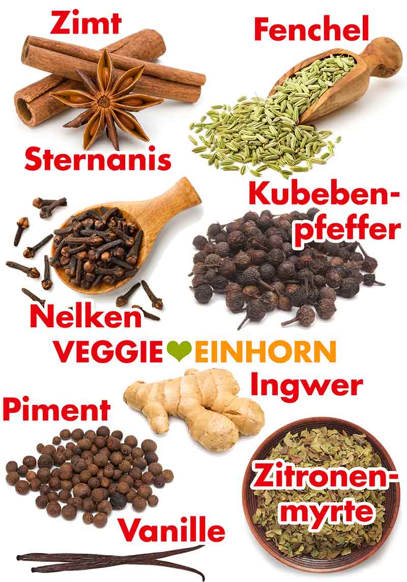 Zutaten von Just Spices Plätzchen Gewürz Zimt, Sternanis, Fenchel, Nelken, Kubebenpfeffer, Ingwer, Piment, Zitronenmyrte, Vanille