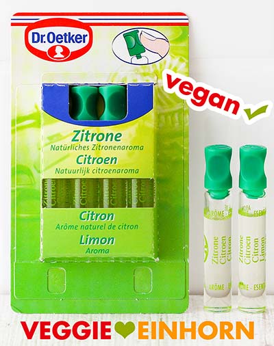 Das Backaroma Zitrone von Dr. Oetker ist vegan. Zitronenaroma in kleinen Fläschchen