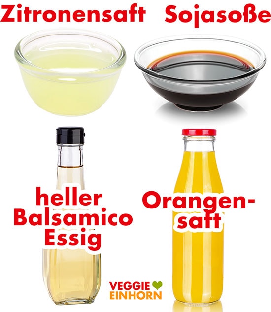 Zitronensaft, Sojasoße, heller Balsamicoessig, Orangensaft