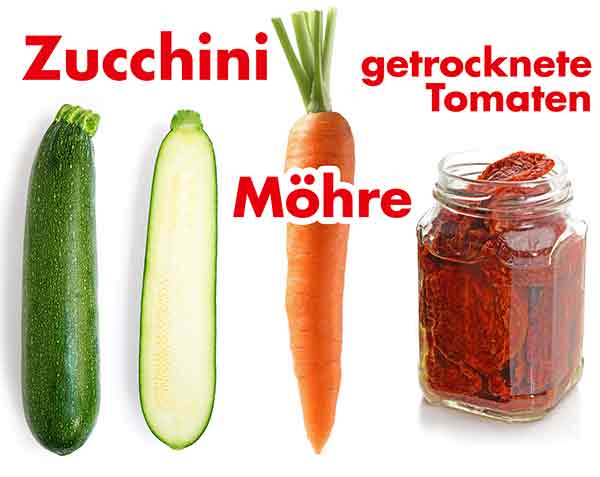 Zucchini, Karotte, ein Glas mit getrockneten Tomaten in Öl Zucchini, Möhre und getrocknete Tomaten in Öl