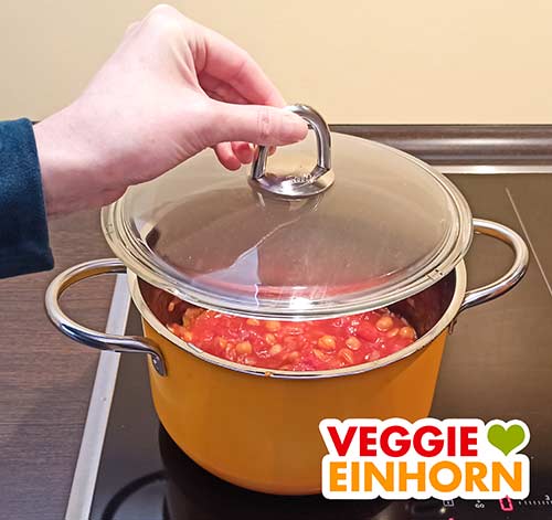 Den Eintopf mit Deckel zum Kochen bringen. Der Deckel wird auf den Topf gesetzt