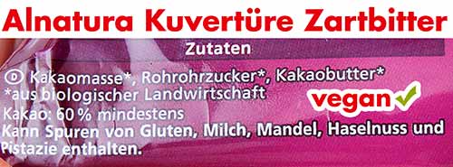 Zutaten Alnatura Zartbitterkuvertüre Zutatenliste auf der Packung von Alnatura Zartbitterkuvertüre