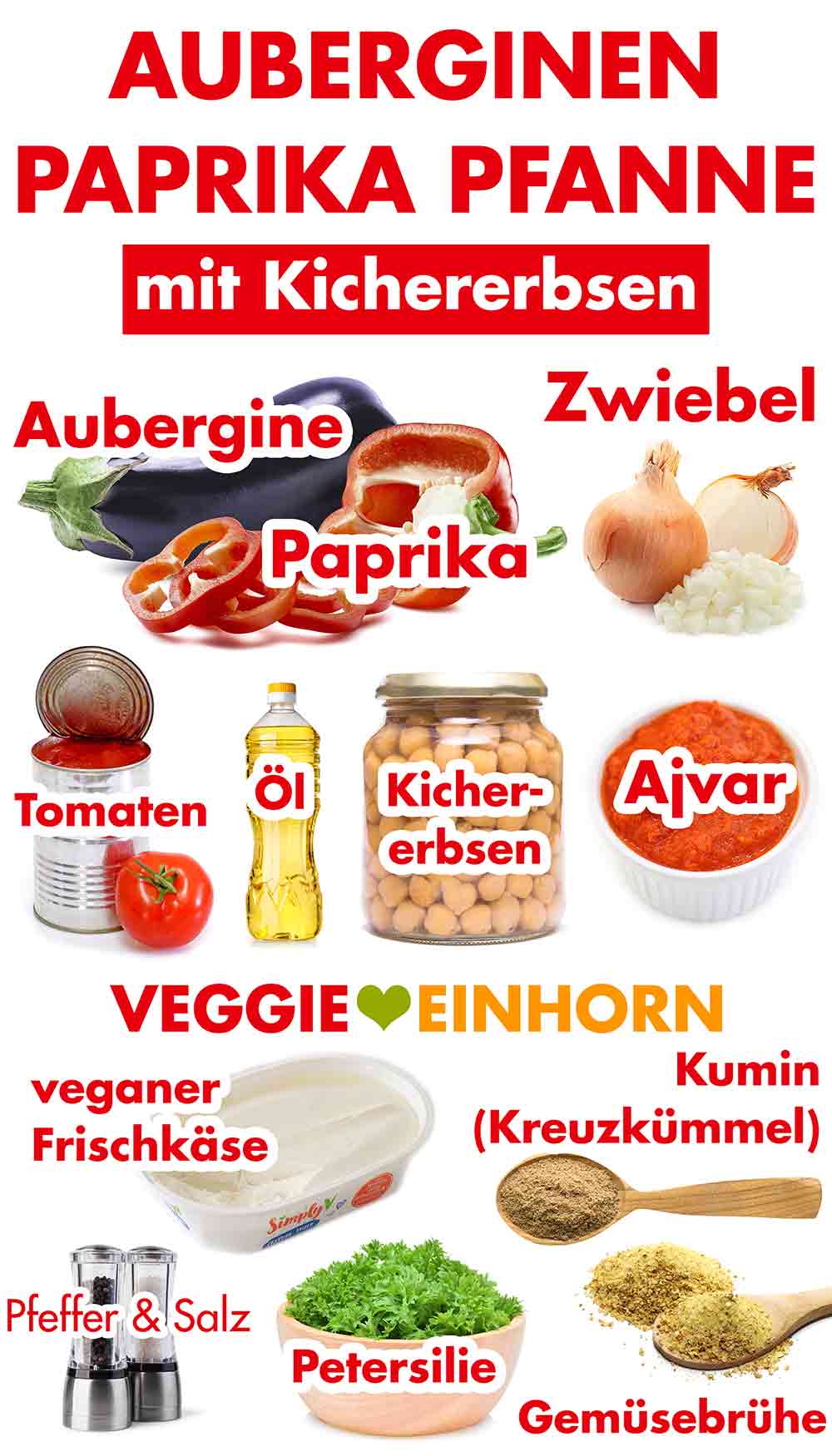 Zutaten für Auberginen Paprika Pfanne Zutaten für die Auberginen Paprika Pfanne mit Kichererbsen