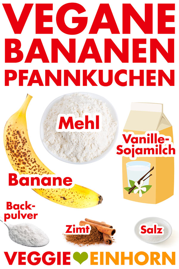 Zutaten für vegane Bananen Pfannkuchen: Reife Banane, Dinkelmehl, Sojadrink Vanille, Backpulver, Zimt, Salz