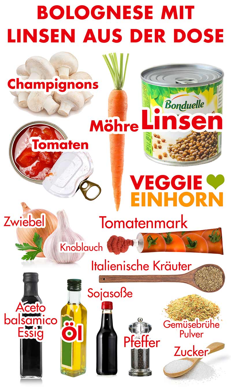 Zutaten für vegane Bolognese mit Dosenlinsen