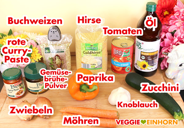 Verwendete Produkte für die Buchweizen Gemüse Pfanne Buchweizen, Hirse, Zucchini, Möhren, rote Currypaste