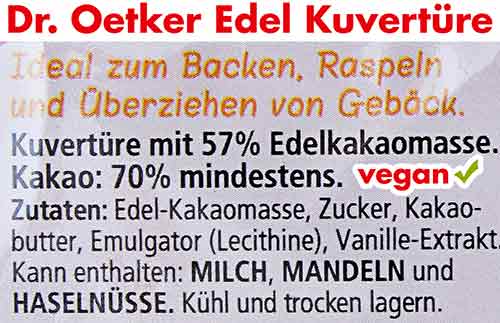 Zutaten von Dr. Oetker Edel Kuvertüre Vegane Zutaten von Dr. Oetker Edel Kuvertüre