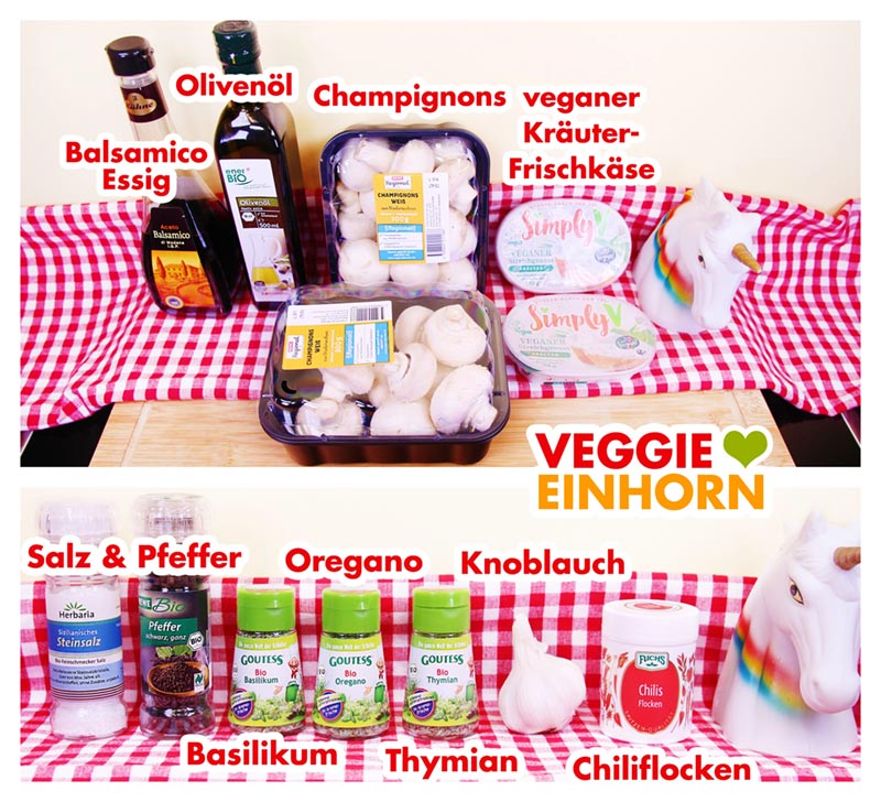 Zutaten für VEGANE GEFÜLLTE CHAMPIGNONS | Einfaches veganes Rezept | Schnelle leckere Pilze mit veganer Frischkäse Füllung