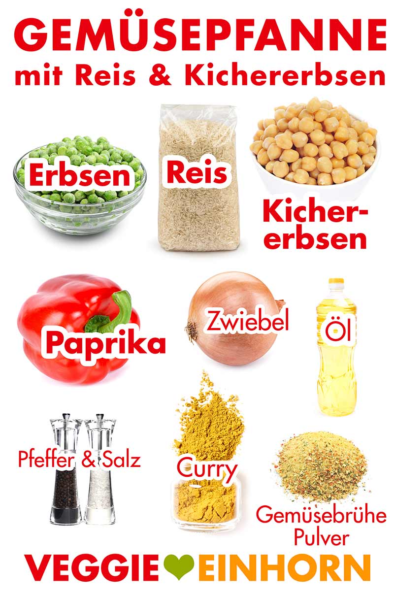 Zutaten für Gemüsepfanne mit Reis, Erbsen und Kichererbsen