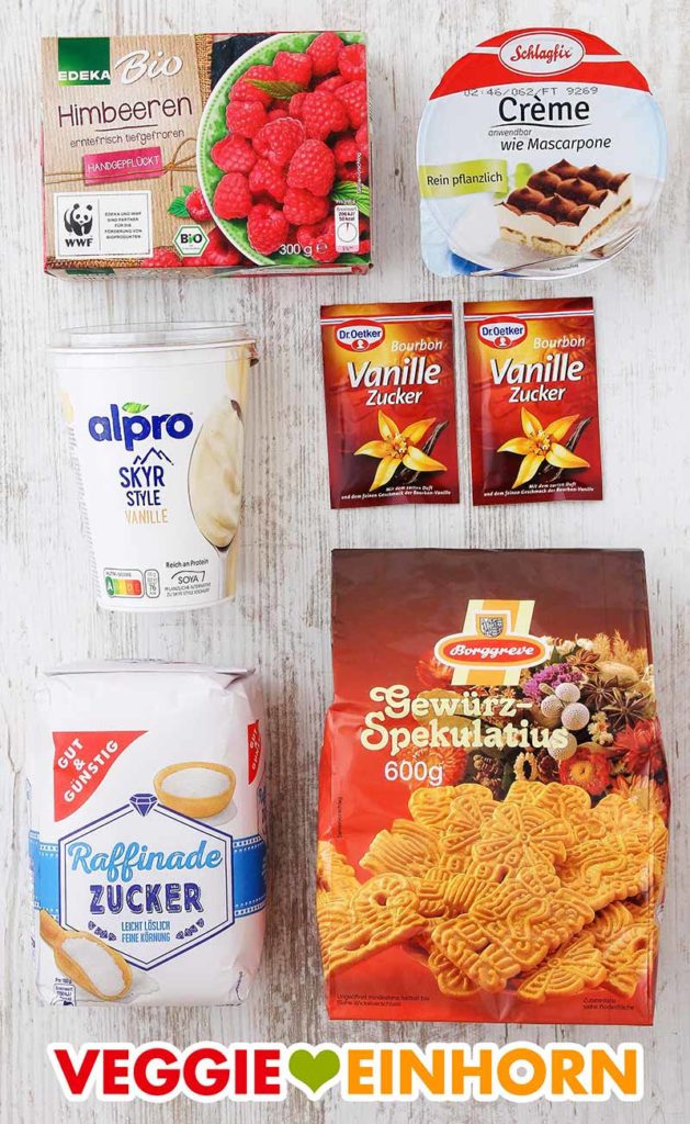 Himbeeren, veganer Mascarpone, Alpro Skyr Vanille, Vanillezucker, Zucker, Gewürzspekulatius