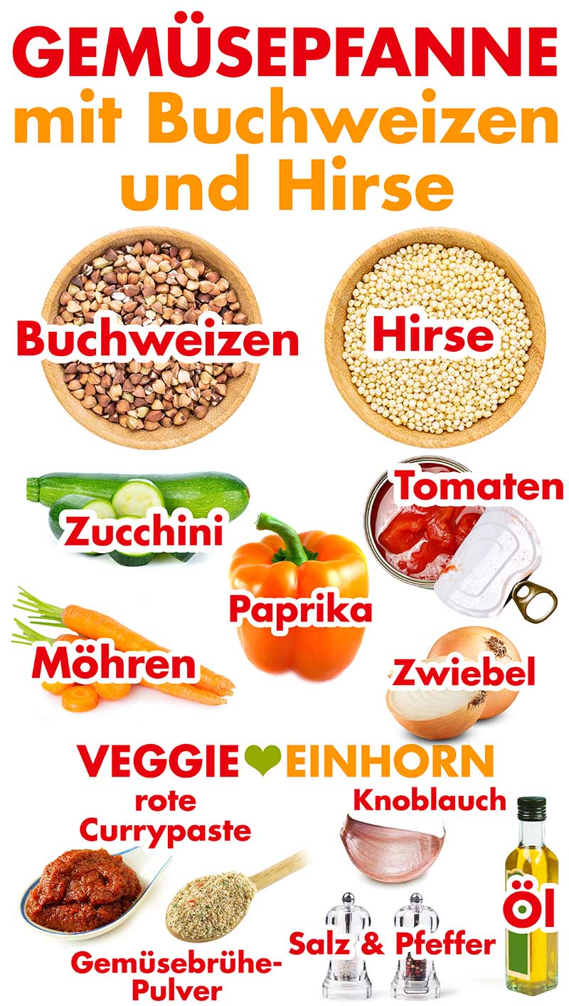 Zutaten für die Buchweizen Gemüse Pfanne mit Hirse Zutaten für vegane Gemüsepfanne mit Hirse und Buchweizen