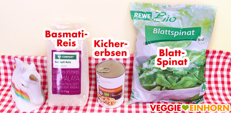 Bio Company Basmati Reis, Kichererbsen von Rossmann enerBIO, Blattspinat von Rewe Bio Basmati Reis, eine Dose Kichererbsen, tiefgekühlter Blattspinat