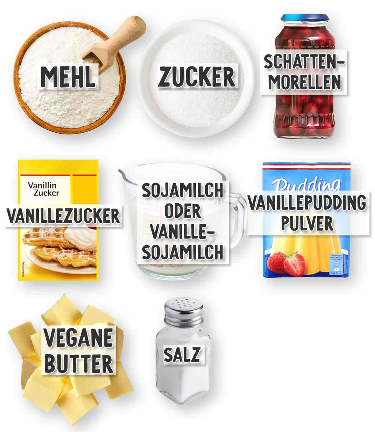Eine Zutatenübersicht für einen veganen Kirschkuchen mit Pudding und Streuseln. Gezeigt werden Mehl in einer Holzschale mit einem Holzlöffel, Zucker in einer weißen Schale, ein Glas Schattenmorellen, eine Packung Vanillezucker, ein Messbecher mit Sojamilch oder Vanille-Sojamilch, eine Packung Vanillepuddingpulver, vegane Butter in kleinen Stücken und ein Salzstreuer. Jede Zutat ist mit einem beschrifteten Textfeld versehen.